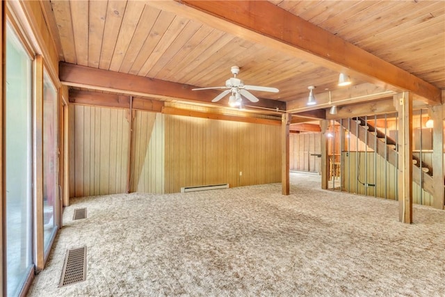 1445 E Cruikshank Rd, Valencia Boro, PA 16059 - unfurnished living room with carpet flooring, a wood ceiling with exposed beams, baseboard heating, a ceiling fan, and wood walls