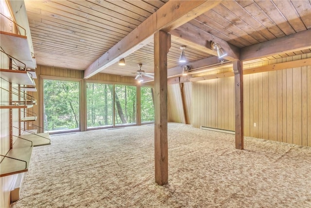 1445 E Cruikshank Rd, Valencia Boro, PA 16059 - unfurnished living room featuring a baseboard radiator, a wooden ceiling with exposed beams, carpet flooring, and wood walls
