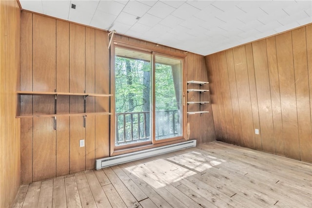 1445 E Cruikshank Rd, Valencia Boro, PA 16059 - empty room featuring baseboard heating, wood-type flooring, and wooden walls
