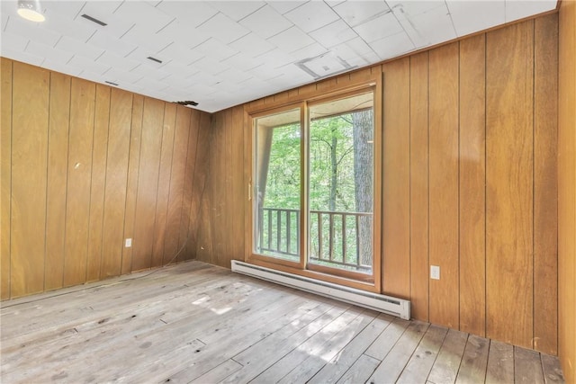 1445 E Cruikshank Rd, Valencia Boro, PA 16059 - unfurnished room featuring a baseboard radiator, hardwood / wood-style floors, and wooden walls