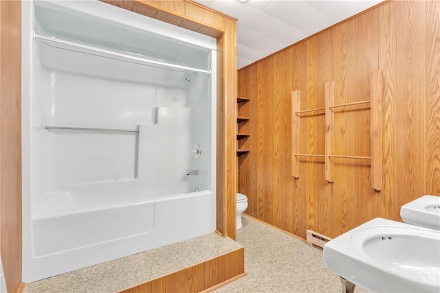 1445 E Cruikshank Rd, Valencia Boro, PA 16059 - bathroom featuring a baseboard heating unit, shower / tub combination, and wood walls