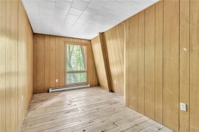 1445 E Cruikshank Rd, Valencia Boro, PA 16059 - empty room featuring baseboard heating, hardwood / wood-style floors, and wood walls