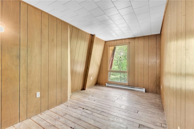 1445 E Cruikshank Rd, Valencia Boro, PA 16059 - spare room with a baseboard radiator, wooden walls, and wood-type flooring