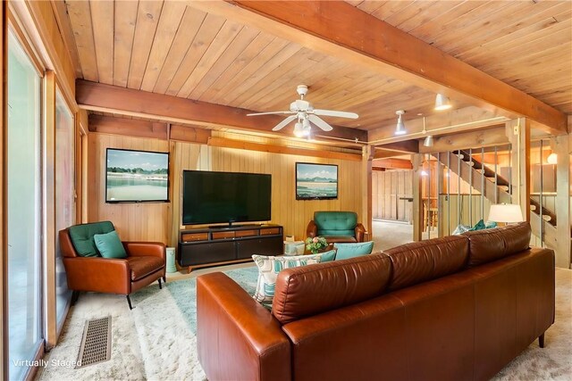 1445 E Cruikshank Rd, Valencia Boro, PA 16059 - carpeted living area featuring a wooden ceiling with exposed beams, wooden walls, stairway, and a ceiling fan