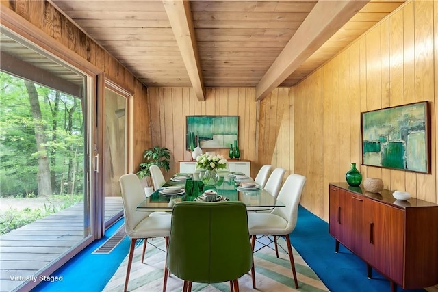 1445 E Cruikshank Rd, Valencia Boro, PA 16059 - dining room featuring wooden walls, a wooden ceiling with exposed beams, and wood finished floors