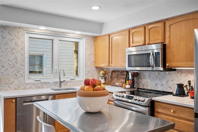 7134 Roycrest Pl, Point Breeze, PA 15208 - kitchen with stainless steel appliances, a sink, stainless steel countertops, decorative backsplash, and recessed lighting