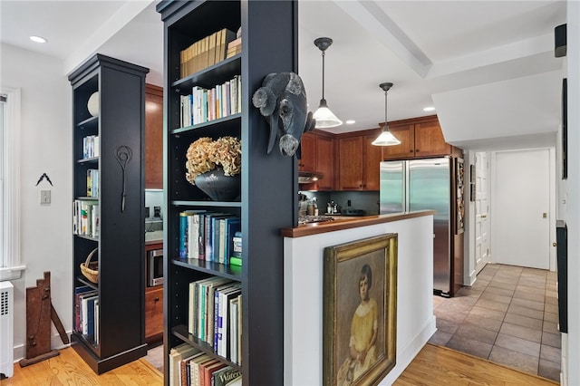 1017 Lancaster Ave, Regent Square, PA 15218 - kitchen with freestanding refrigerator, open shelves, pendant lighting, brown cabinetry, and recessed lighting