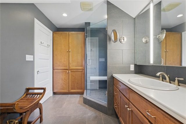 1017 Lancaster Ave, Regent Square, PA 15218 - bathroom with vanity, tile patterned floors, a shower stall, and recessed lighting