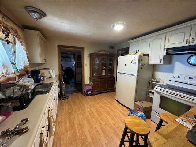 300 N Ave, Midway, PA 15060 - kitchen with white appliances, under cabinet range hood, a textured ceiling, light wood-type flooring, and white cabinetry