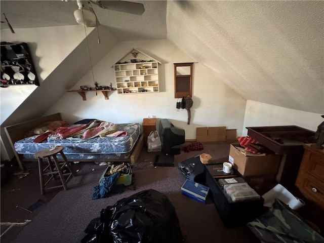 300 N Ave, Midway, PA 15060 - bedroom featuring a textured ceiling, vaulted ceiling, a ceiling fan, and carpet floors
