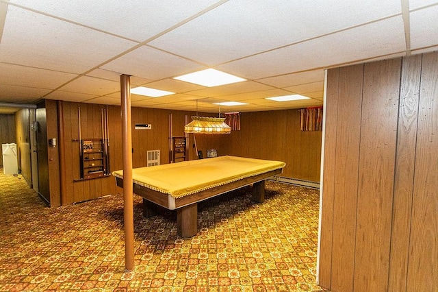 302 Derrick Ave, South Union Twp, PA 15401 - rec room featuring pool table, a baseboard radiator, wood walls, and a paneled ceiling