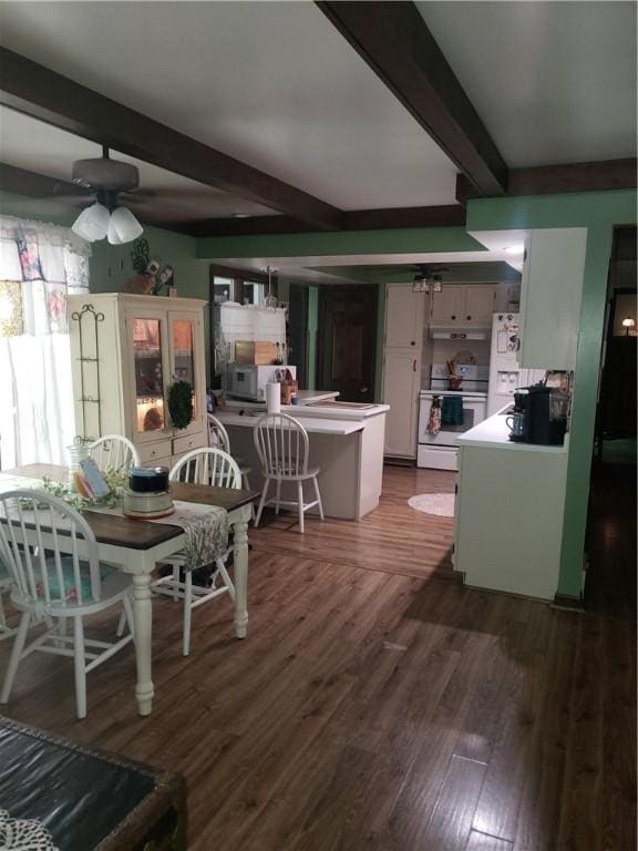 2381 Lake Rd, Jefferson Twp Mer, PA 16150 - dining space with beam ceiling, a ceiling fan, and dark wood-style flooring