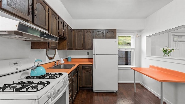 427 W Warrington Ave, Beltzhoover, PA 15210 - kitchen with white appliances, a sink, under cabinet range hood, dark brown cabinetry, and dark wood finished floors