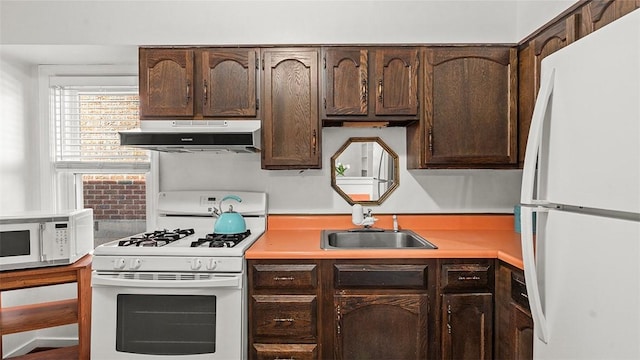 427 W Warrington Ave, Beltzhoover, PA 15210 - kitchen with white appliances, extractor fan, a sink, and dark brown cabinetry