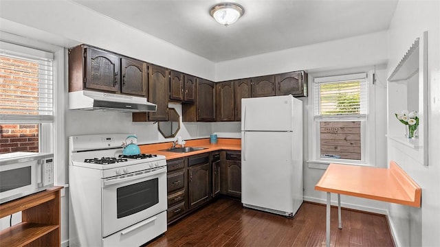 427 W Warrington Ave, Beltzhoover, PA 15210 - kitchen featuring white appliances, under cabinet range hood, dark brown cabinets, light countertops, and a sink