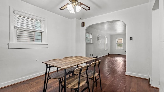 427 W Warrington Ave, Beltzhoover, PA 15210 - dining space featuring arched walkways, ceiling fan, healthy amount of natural light, and dark wood-style floors