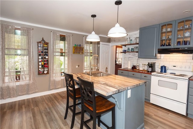 545 Roseland Ave, Ross Twp, PA 15214 - kitchen with white range with electric cooktop, a sink, under cabinet range hood, wooden counters, and healthy amount of natural light