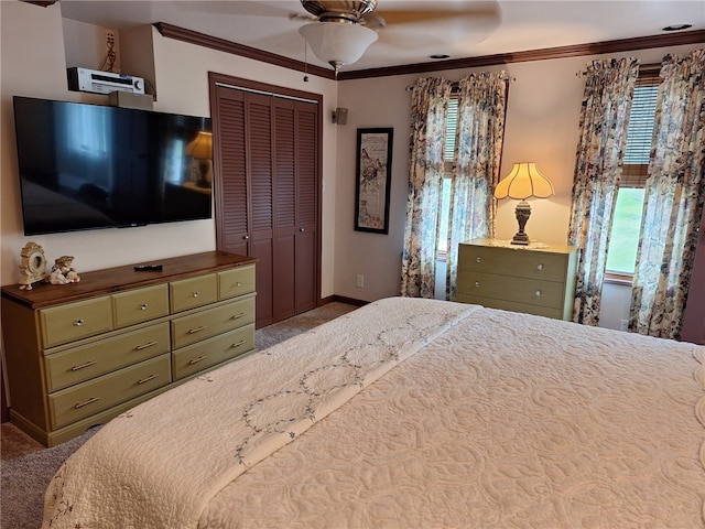 545 Roseland Ave, Ross Twp, PA 15214 - bedroom with carpet, a closet, ornamental molding, baseboards, and a ceiling fan