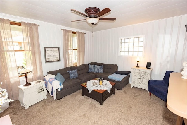 545 Roseland Ave, Ross Twp, PA 15214 - living area featuring plenty of natural light, crown molding, a ceiling fan, and carpet floors
