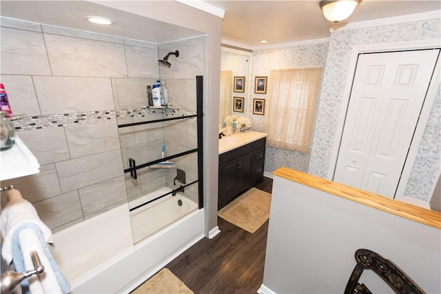 545 Roseland Ave, Ross Twp, PA 15214 - bathroom with wood finished floors, shower / bath combination, wallpapered walls, crown molding, and vanity