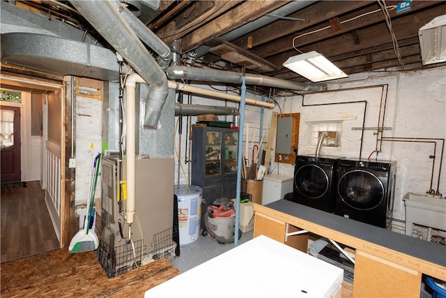 545 Roseland Ave, Ross Twp, PA 15214 - unfinished basement featuring separate washer and dryer, electric panel, heating unit, and fridge