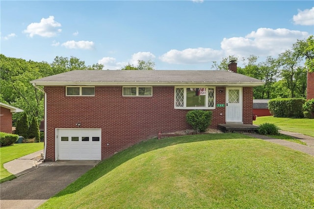 137 Terry Ln, Center Twp Bea, PA 15061 - view of front of home with driveway, a garage, a chimney, brick siding, and a front yard