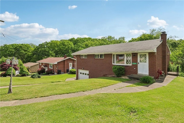 137 Terry Ln, Center Twp Bea, PA 15061 - view of front facade with an attached garage, a front lawn, a chimney, and brick siding