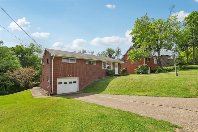 137 Terry Ln, Center Twp Bea, PA 15061 - view of front facade featuring brick siding, driveway, an attached garage, a front lawn, and a chimney