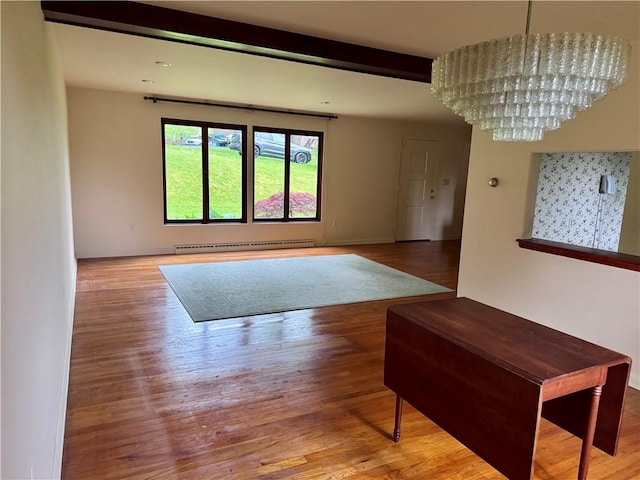 141 Mar Vel Dr, Center Twp But, PA 16001 - living area with a baseboard heating unit, a chandelier, wood finished floors, and beamed ceiling