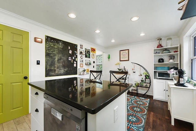 932 Woodbine St, Stanton Heights, PA 15201 - kitchen with dishwasher, crown molding, dark wood finished floors, white cabinetry, and dark countertops