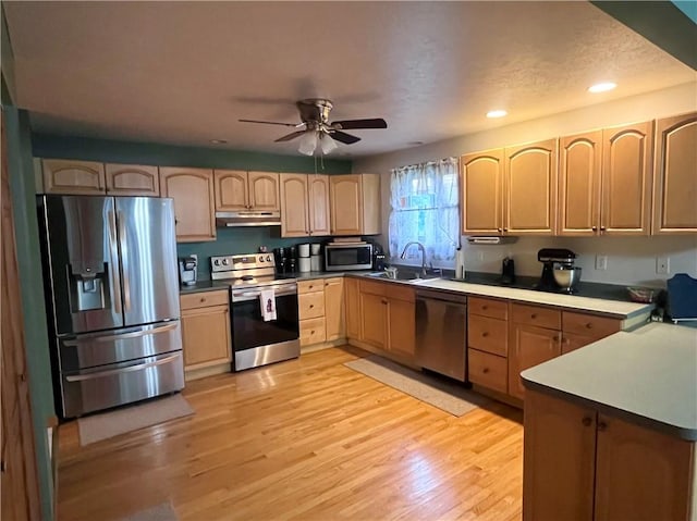 101 Pheasant Run Dr, Worth Twp But, PA 16057 - kitchen with appliances with stainless steel finishes, light brown cabinetry, under cabinet range hood, a sink, and recessed lighting