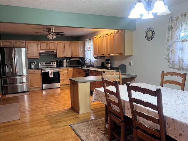 101 Pheasant Run Dr, Worth Twp But, PA 16057 - kitchen featuring appliances with stainless steel finishes, under cabinet range hood, light wood-style floors, a chandelier, and a peninsula