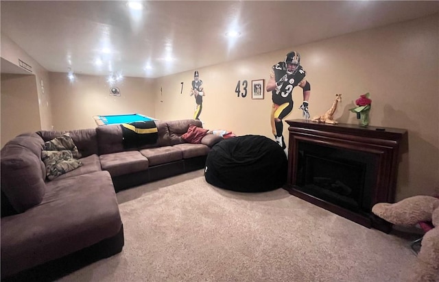 101 Pheasant Run Dr, Worth Twp But, PA 16057 - carpeted living room with pool table and a fireplace