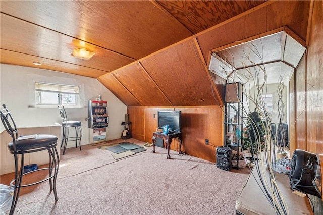 1725 Arlington Ave, South Side, PA 15210 - additional living space featuring carpet, vaulted ceiling, wooden ceiling, and wood walls