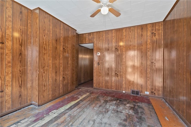 410 Orwell Way, Bloomfield, PA 15224 - unfurnished room with hardwood / wood-style flooring, ceiling fan, and wooden walls