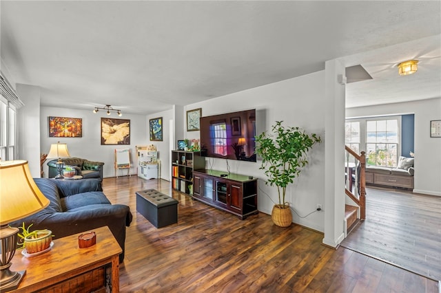 8 Trotwood Cir, North Strabane, PA 15317 - living room with wood finished floors, stairs, and baseboards