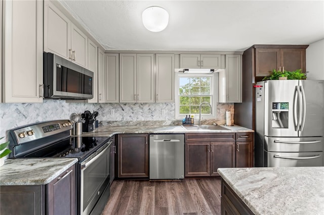8 Trotwood Cir, North Strabane, PA 15317 - kitchen featuring appliances with stainless steel finishes, a sink, dark wood finished floors, light stone countertops, and decorative backsplash