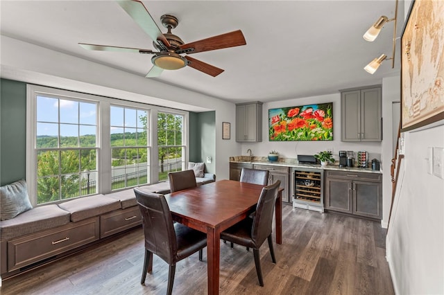 8 Trotwood Cir, North Strabane, PA 15317 - dining room featuring wine cooler, bar, dark wood-style flooring, and ceiling fan