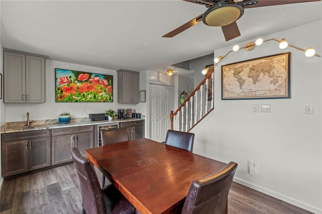 8 Trotwood Cir, North Strabane, PA 15317 - dining area with a ceiling fan, dark wood-style flooring, stairs, and baseboards