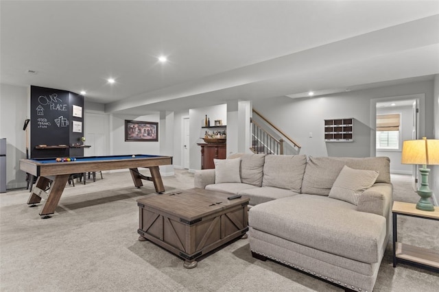 218 St Andrews, North Strabane, PA 15317 - living room featuring light colored carpet, billiards, stairs, and recessed lighting