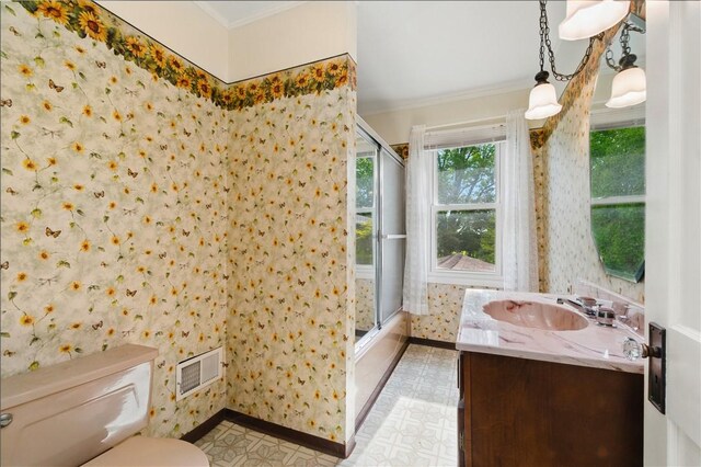 2703 Conway Wallrose Rd, Economy, PA 15005 - bathroom featuring ornamental molding, toilet, baseboards, wallpapered walls, and vanity