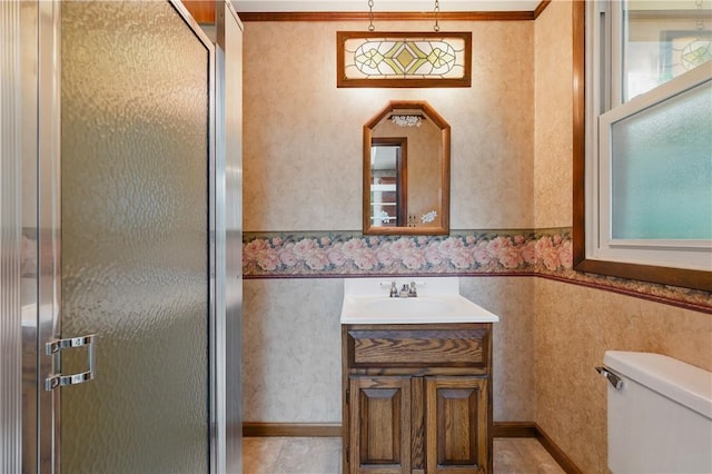 2703 Conway Wallrose Rd, Economy, PA 15005 - full bath with vanity, a shower stall, wallpapered walls, toilet, and tile patterned flooring