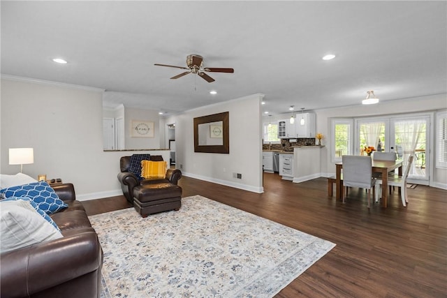 449 Bateman Rd, North Fayette, PA 15071 - living area with ornamental molding, a ceiling fan, recessed lighting, dark wood finished floors, and baseboards
