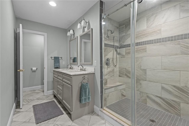 449 Bateman Rd, North Fayette, PA 15071 - bathroom featuring baseboards, a shower stall, marble look tile flooring, vanity, and recessed lighting