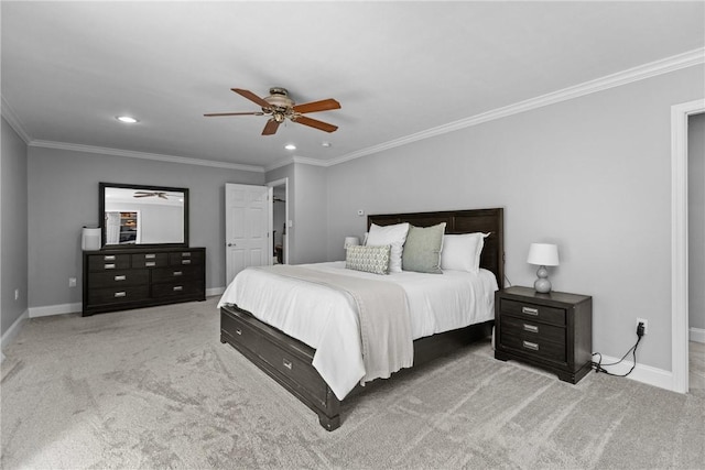 449 Bateman Rd, North Fayette, PA 15071 - bedroom with baseboards, carpet flooring, ornamental molding, recessed lighting, and a ceiling fan