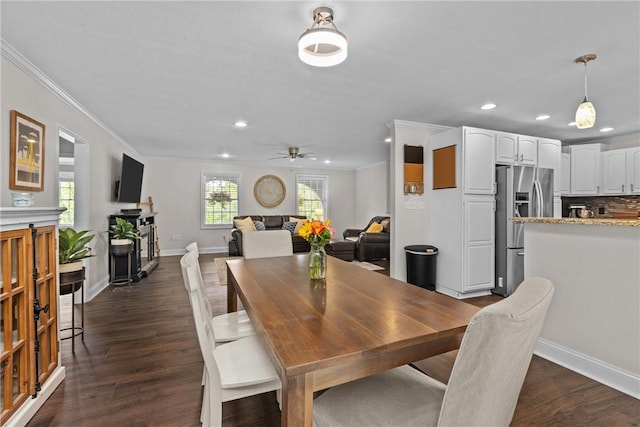 449 Bateman Rd, North Fayette, PA 15071 - dining room with crown molding, recessed lighting, ceiling fan, baseboards, and dark wood-style floors