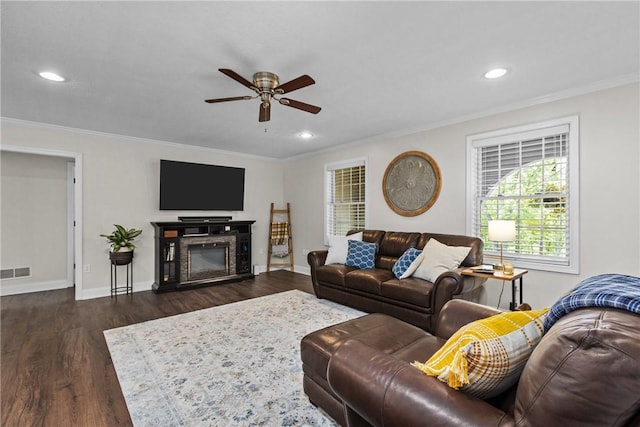 449 Bateman Rd, North Fayette, PA 15071 - living area with ceiling fan, dark wood-style floors, ornamental molding, baseboards, and recessed lighting