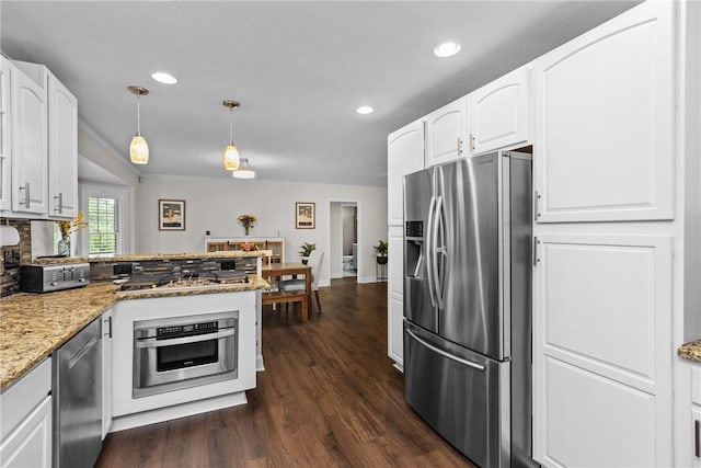 449 Bateman Rd, North Fayette, PA 15071 - kitchen with appliances with stainless steel finishes, white cabinetry, light stone countertops, dark wood-style flooring, and recessed lighting