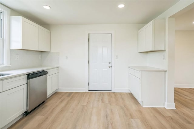 3510 Middletown Rd, Crafton Heights, PA 15204 - kitchen with stainless steel dishwasher, light wood-style floors, light countertops, baseboards, and recessed lighting