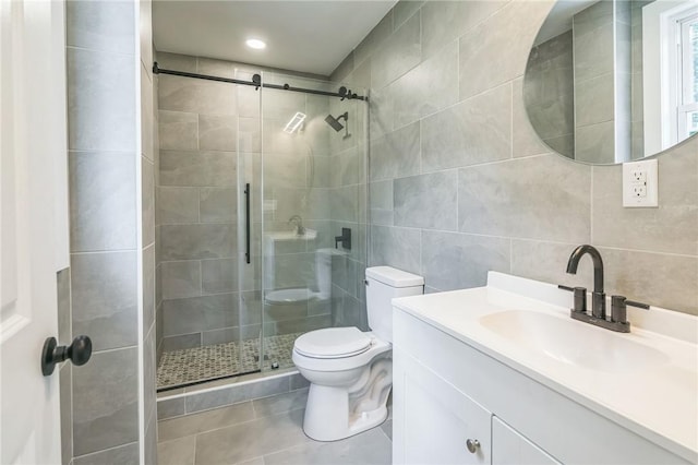3510 Middletown Rd, Crafton Heights, PA 15204 - bathroom featuring tile walls, a shower stall, toilet, vanity, and tile patterned floors
